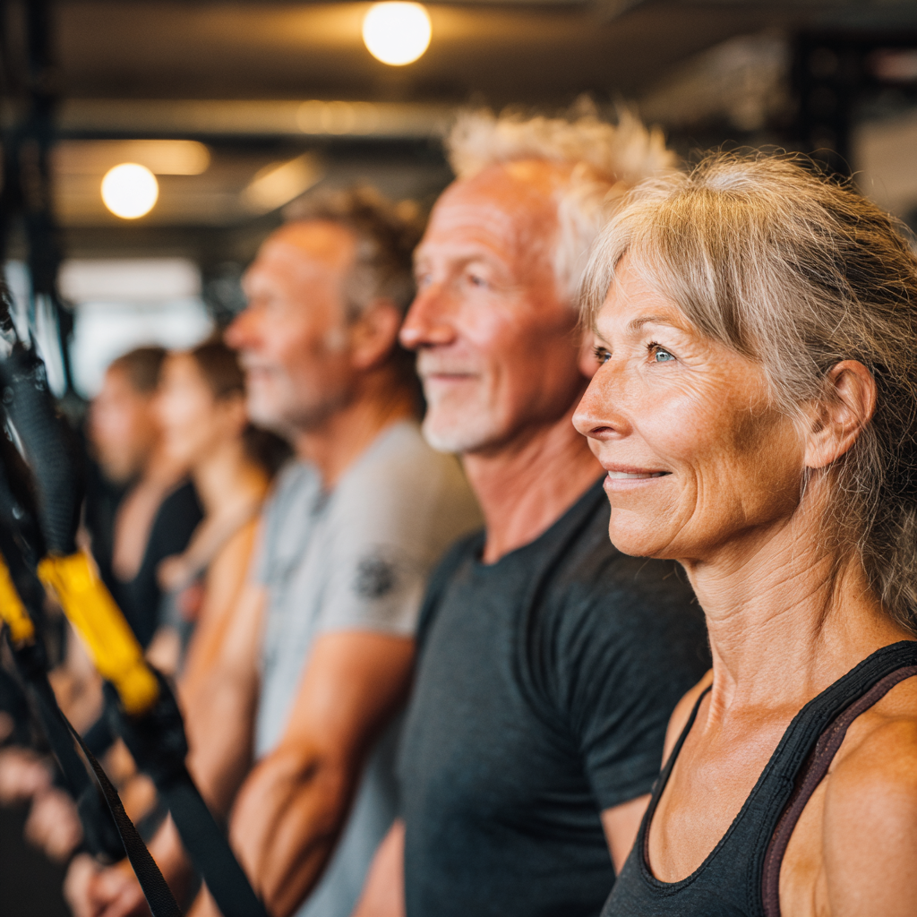 Grup de adulți între 52-60 de ani participând la clasa de functional training la gremlatir, într-o atmosferă prietenoasă și motivantă